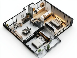 A floor plan of a two bedroom apartment. The living room is on the left side of the image