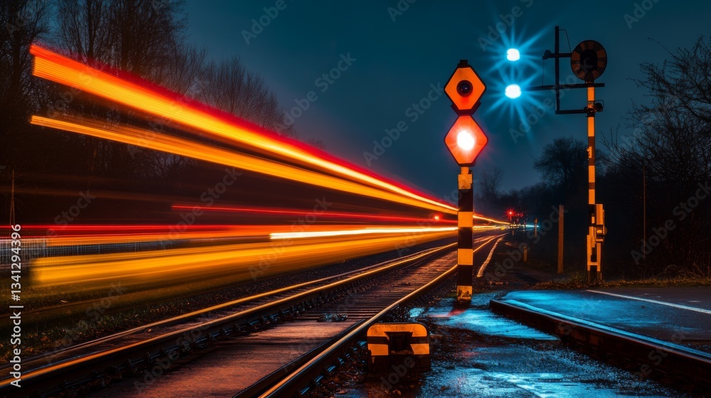 Aufkleber a railway crossing with a train speeding past as the signal lights flash.