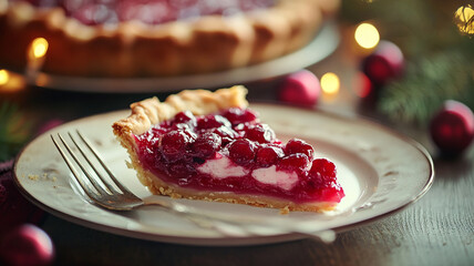 Piece of a pie in a plate on a table, selective focus