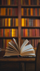 Fototapeta premium Open book on wooden desk, blurred bookshelf background showcasing knowledge, education, and reading, representing wisdom, learning, and literary exploration