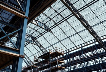 Steel bridge construction, mesh wireframe, phases, support beams, scaffolding, truss, building