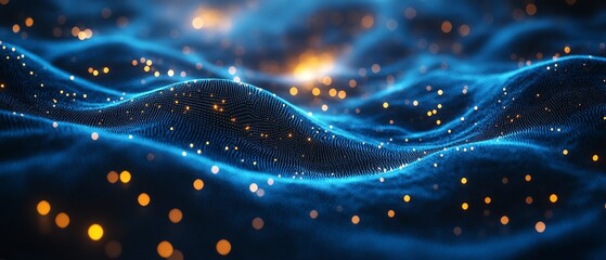 An abstract illustration of a neural network in blue tones, complex brainlike structure, glowing...
