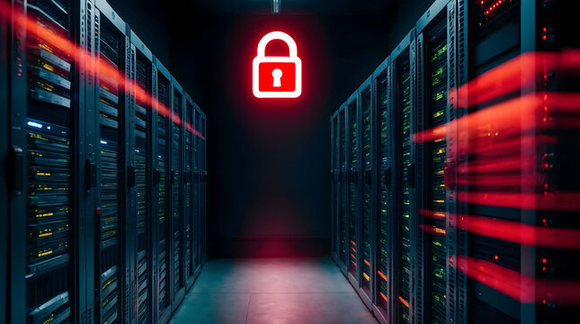 Secure Server Room with Data Protection Symbol