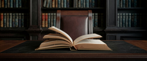 Open antique book on wooden desk, library background, showcasing knowledge, education, and classic literature, ideal for scholarly or academic concepts
