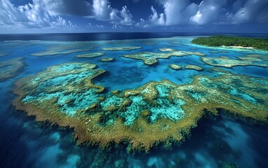 An aerial view of a protected coral reef zone, showcasing healthy ecosystems and thriving marine species, emphasizing the impact of conservation efforts