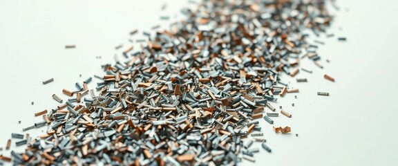 Intricate metallic shavings scattered along a white path, fine detail visible, line, steel