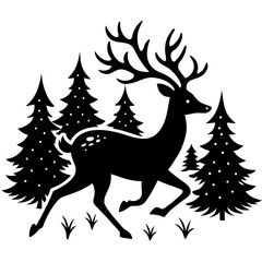 Silhouette of a deer running gracefully through a forest, depicted in black against a white background 