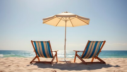 Two striped beach chairs and a parasol under a bright sun on sandy beach, coast, tranquil