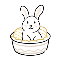 Cute bunny sitting in a basket with decorated eggs for Easter celebration concept