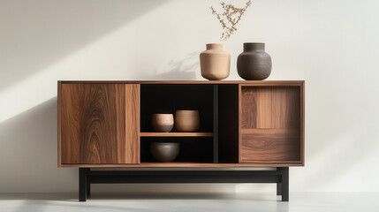 A modern wooden cabinet with an asymmetrical sliding panel, revealing a carefully arranged display of handcrafted ceramic vases. The design combines warm walnut wood with a smooth matte black finish