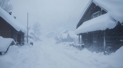 Fototapeta premium Snowy Village Street on a Blizzard Day with Snow-Covered Houses
