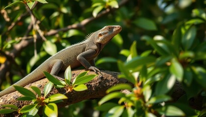 Fototapeta premium A Bengal monitor lizard basks on a lush green tree branch, foliage obscuring its surroundings, Bengal monitor, reptilian