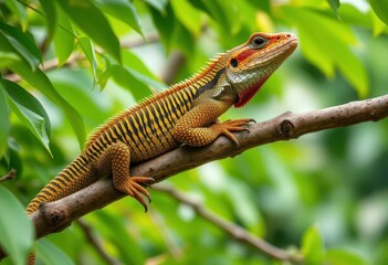 Fototapeta premium A Bengal monitor lizard basks on a lush, green tree branch, scales, tropical