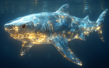 Fototapeta premium Low Poly Futuristic Glass Shark in Glowing Ocean 