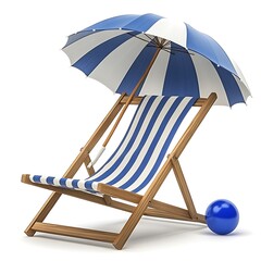 Deckchair with parasol near ball on white background