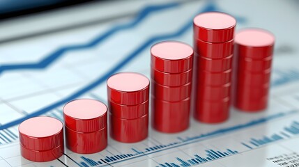 Rising red oil barrels illustrate increasing oil prices shown on a financial graph representing economic growth and market trends.