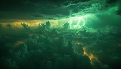 Fototapeta premium Green lightning striking the earth under a chaotic sky, with glowing clouds and atmospheric energy, evoking a sense of awe and wonder at this rare natural occurrence