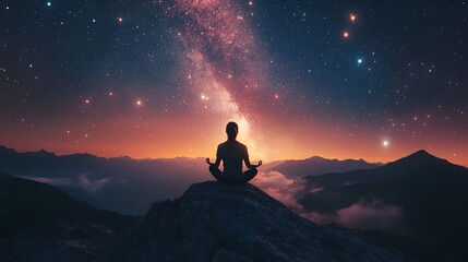A person meditating on a mountaintop under a sky filled with stars and galaxies, capturing a moment of inner peace amidst the vastness of the cosmos