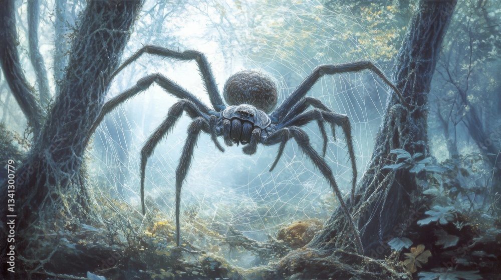 Poster A spider carefully weaving its intricate web between two tree branches in a peaceful forest.
