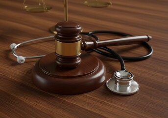 Medical malpractice lawsuit: gavel and stethoscope on wooden table