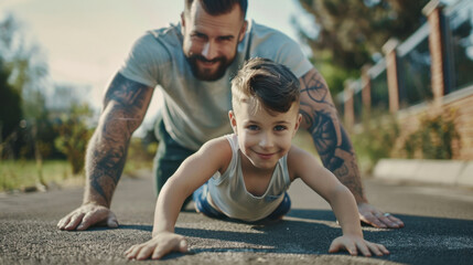 Father and Son Together Doing Summer Morning Exercises Outdoors
