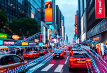 Abstract data streams flow over busy city street scene, cars, background