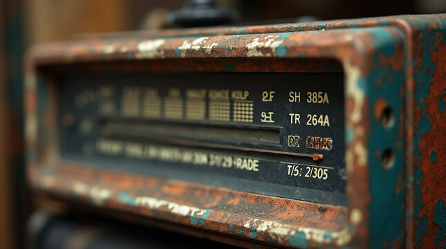 Close-up shot of a retro tabletop radio with large frequency dials and analog display, emphasizing the metallic knobs and textured speaker covering