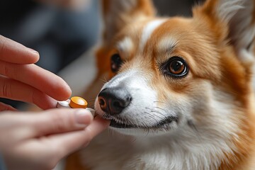 a close-up shot of a corgi dog being given medicine by a person's hand. The dog is looking at the pill 
