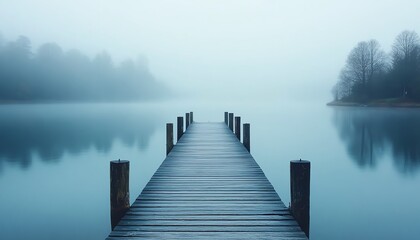 Fototapeta premium A wooden dock extending into a mistcovered lake, early morning fog lifting, soft and dreamy lighting, calm and tranquil nature landscape, breathtaking clarity, Midjourney v6