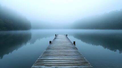 Fototapeta premium A wooden dock extending into a mistcovered lake, early morning fog lifting, soft and dreamy lighting, calm and tranquil nature landscape, breathtaking clarity, Midjourney v6