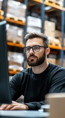 Fototapeta premium Young Man Working on Computer in Warehouse Environment