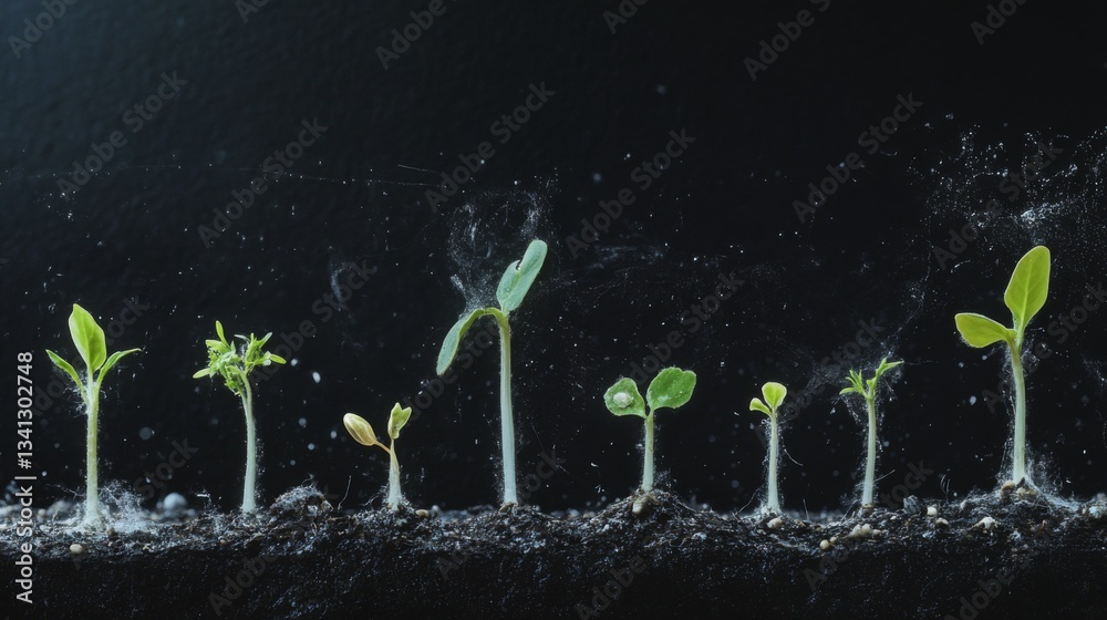 Poster a time-lapse concept of a seed sprouting into a small plant, with different growth stages in a row.