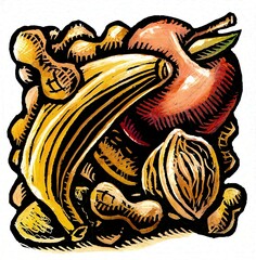 food spot illustration of walnut, apple, banana, and peanuts