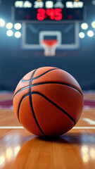 Fototapeta premium Basketball on a Wooden Court Floor in a Stadium