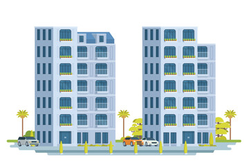 Apartment building vector illustration. Modern urban high-rise housing in flat design. Fully editable and isolated on white background