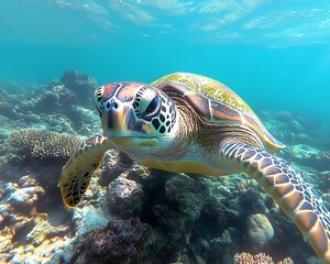 Obraz premium A closeup of a sea turtle swimming through thriving coral reefs, with vibrant fish and clear waters, symbolizing the successful conservation of the Great Barrier Reef