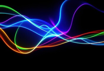 Abstract neon waves flowing dynamically on a black background, vibrant digital light art, motion, visual