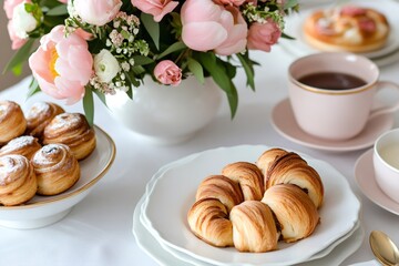 Delicious french pastries and bouquet of pink peonies creating delightful breakfast scene