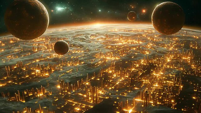 Futuristic Alien Megacity with Glowing Golden Lights and Floating Planets in a Vast Sci-Fi Extraterrestrial Landscape

