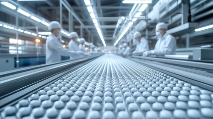 Fototapeta premium Modern Factory Workers Operating Egg Production Line