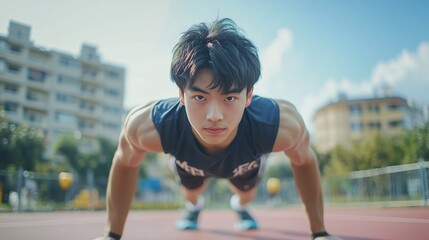 East asian man doing push-ups outdoors, showcasing strength and focus.