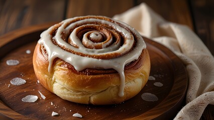 Golden cinnamon roll with thick icing and cinnamon swirls on wooden plate
