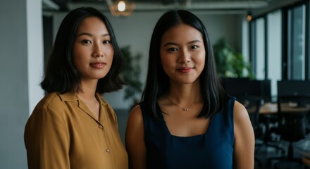 Two young asian females in casual office setting with natural lighting