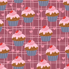 Сupcakes with Red hearts on grid cell checkered seamless pattern, pastry Valentines day texture