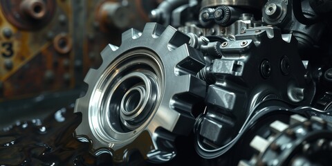Close-up of industrial metallic gear mechanism in lubricating oil