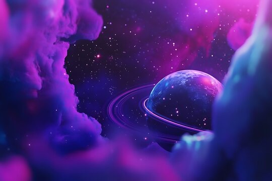 Cosmic dreamscape featuring bioluminescent planets with swirling auroralike atmospheres stellar nebulae and crystalline rings against deep space rendered in vibrant neons