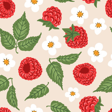 Raspberry berries, flowers, leaves summer seamless pattern wrapping, fabric. Natural berries texture