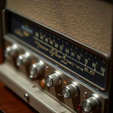 Close-up shot of a retro tabletop radio with large frequency dials and analog display, emphasizing the metallic knobs and textured speaker covering