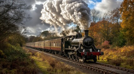 A vintage steam locomotive releasing clouds of smoke as it chugs down the railway tracks.