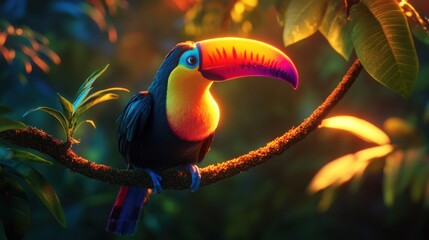 Vibrant toucan perched elegantly on branch in lush tropical rainforest